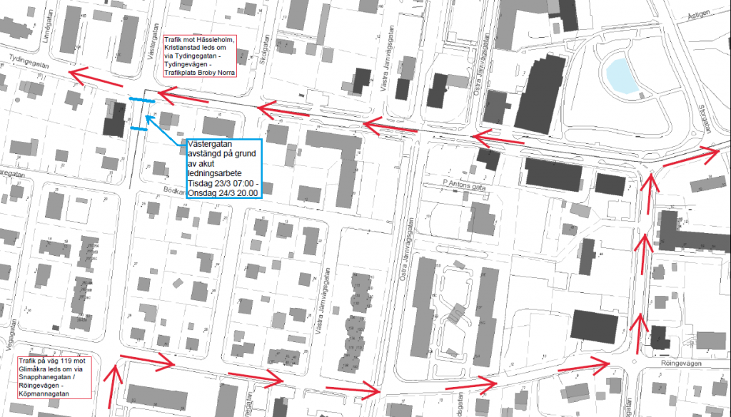 Bild på karta över del av Broby där man ser vilken del av Västergatan som stängs av och hur trafiken leds om under tiden.