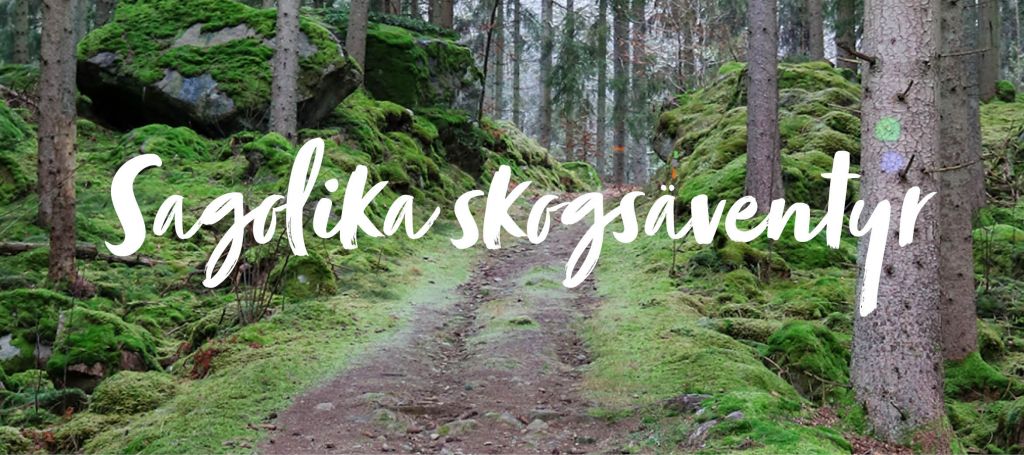 En stig som slingrar fram i en grön, mossbeklädd skog. Text där det står Sagolika skogsäventyr.