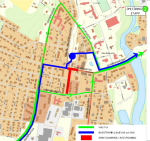 Kartbild som visar var Tydingetatan stängs av samt hur trafiken leds om.