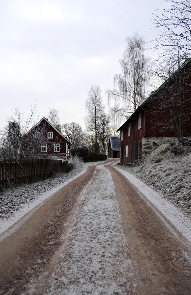 Bild på grusväg som löper mellan två röda hus eller längor.