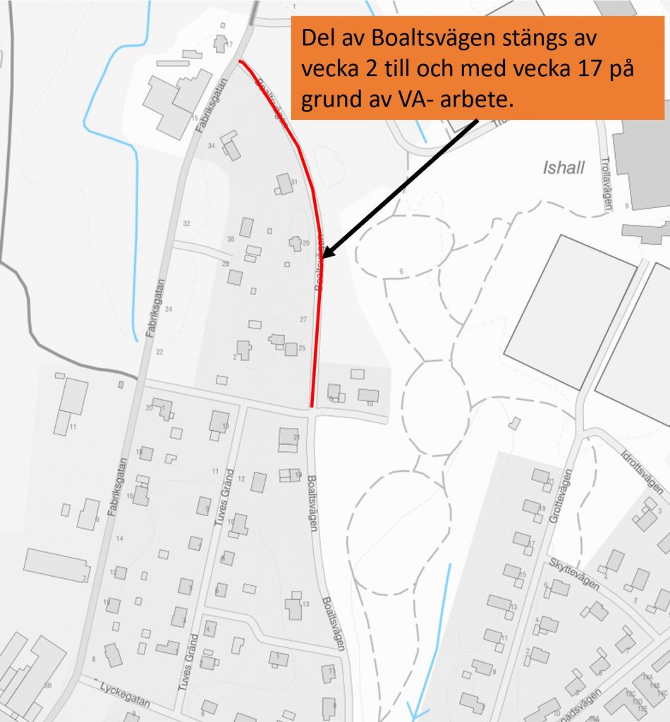 Kartbild där en röd streckning visar vilken del av Boaltsvägen som stängs av. 