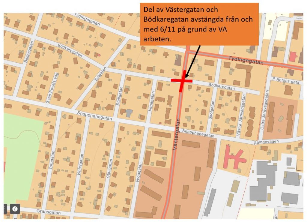 Kartbild som visar avstängningen Västergatan-Bödkaregatan.