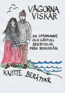 Bild som visar illustration på en posjk och flicka som står intill varandra vid ett vattenbryn. Bredbid finns texten Vågorna viskar och Knitte berättar.