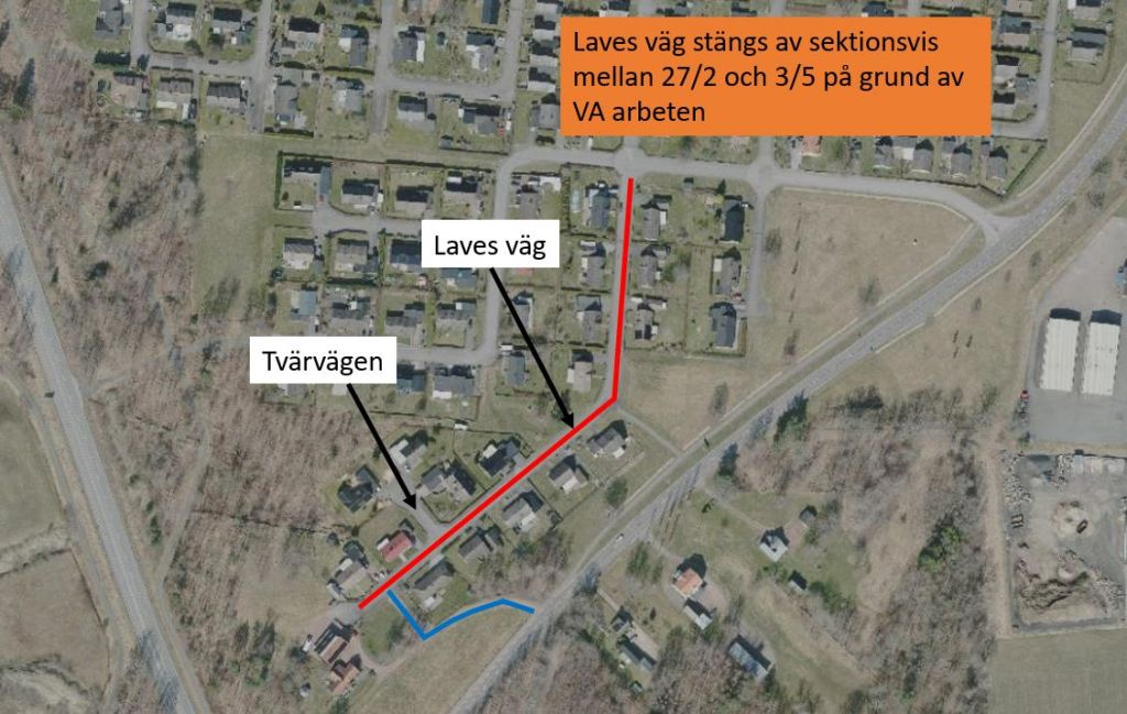 Kartbild som visar var Lavesväg stängs av den 27 februari-5 maj. 