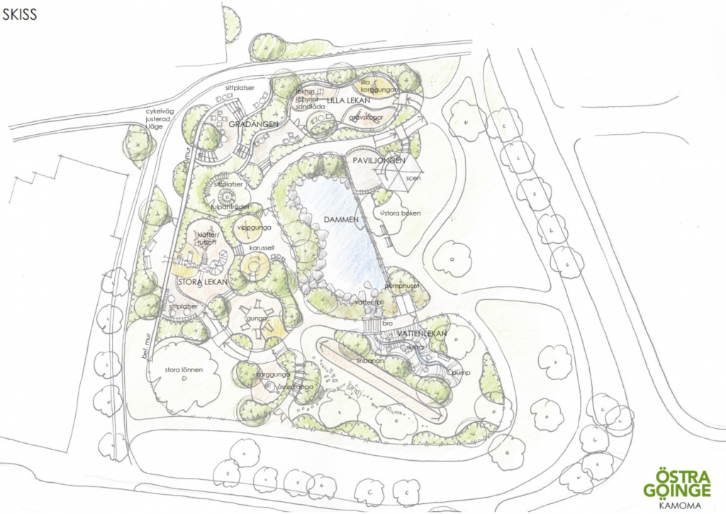 Skissbild över den nya lekplatsen i Tivoliparken i Broby.