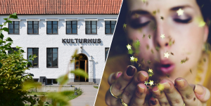 Bildmontage med bild på Kulturhuset i Broby och bild på tjej som blåser glittriga små stjärnor ur sina händer.