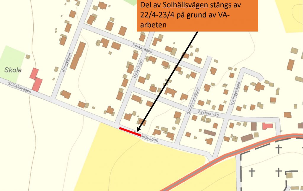 Kartbild som visar var Solhällsvägen stängs av.