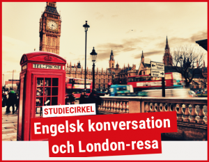 Bildmontage med vy från centrala London där en röd telfonkiosk syns i förgrunden och Big Ben i bakgrunden, Tillsammans med texten "Engelsk konversation och London-resa".