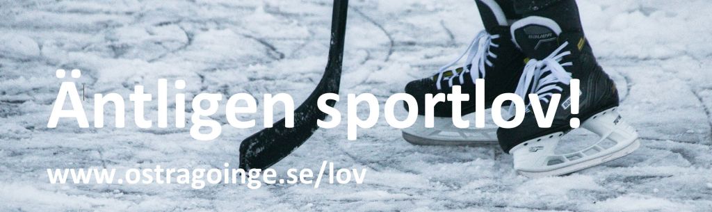 Headerbild med bild på skridskor och klubba på en isrink och texten "äntligen sportlov".