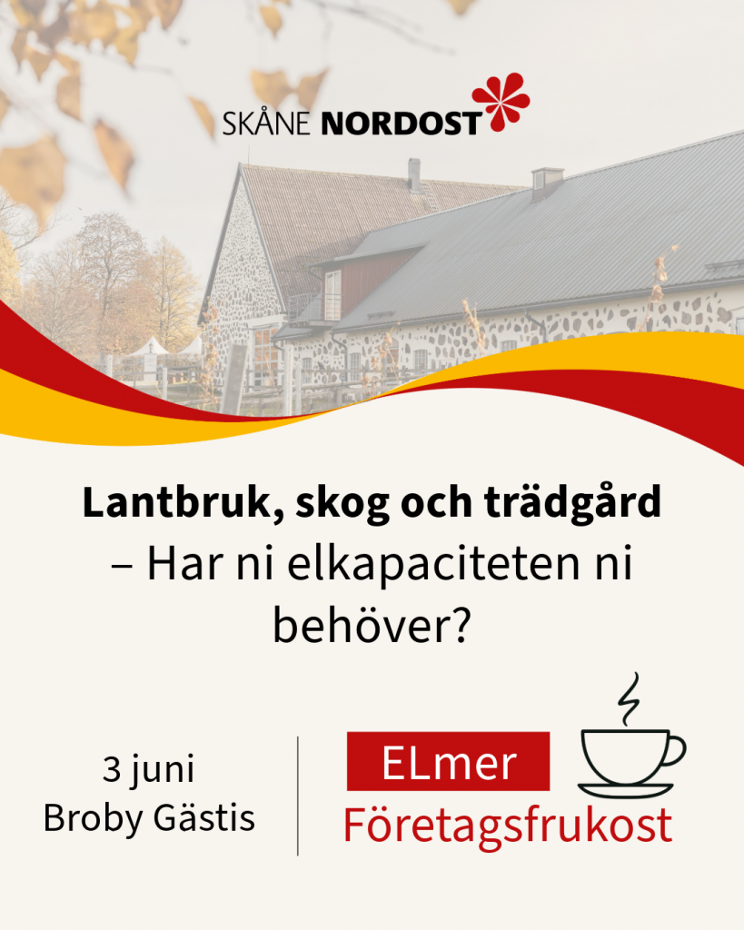 Bild på en inbjudan med grafiska element i rött och gult med loggan för Skånenordost. På bilden syns en bild på ett tak av en slags gårdsbyggnad. Och det står Lantbruk, skog och trädgård - har ni elkapaciteten ni behöver?
